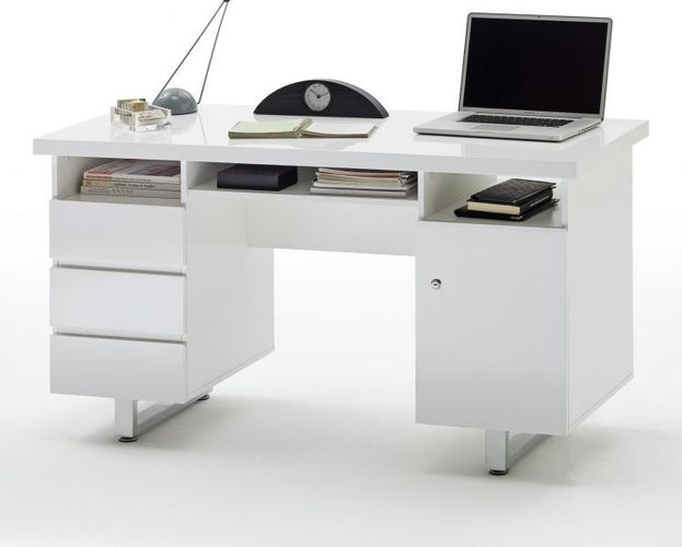 Schreibtisch weiß Hochglanz Chrom Büro Computertisch mit Stauraum