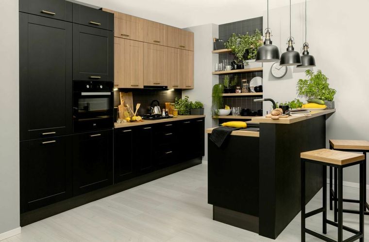 Küche Schränke Küchenzeile erweiterbar 290 cm schwarz Eiche Reveal MDF