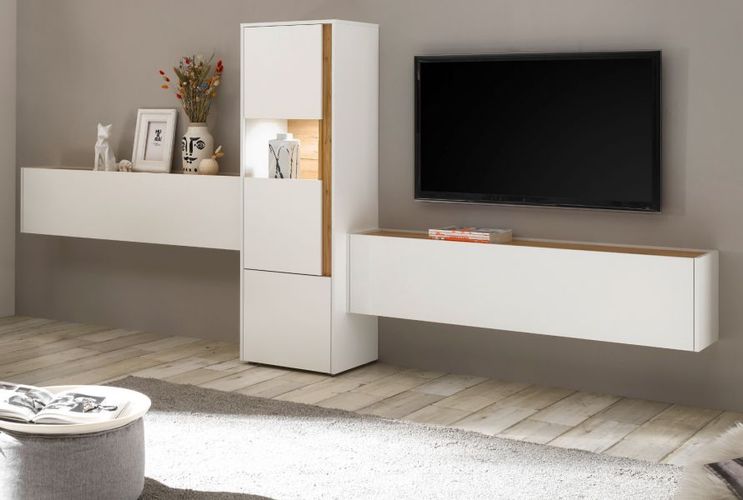 Wohnwand Schrankwand Design Modern Wohnzimmer Kombination Weiss Und Eiche Center Kaufen Bei Hood De