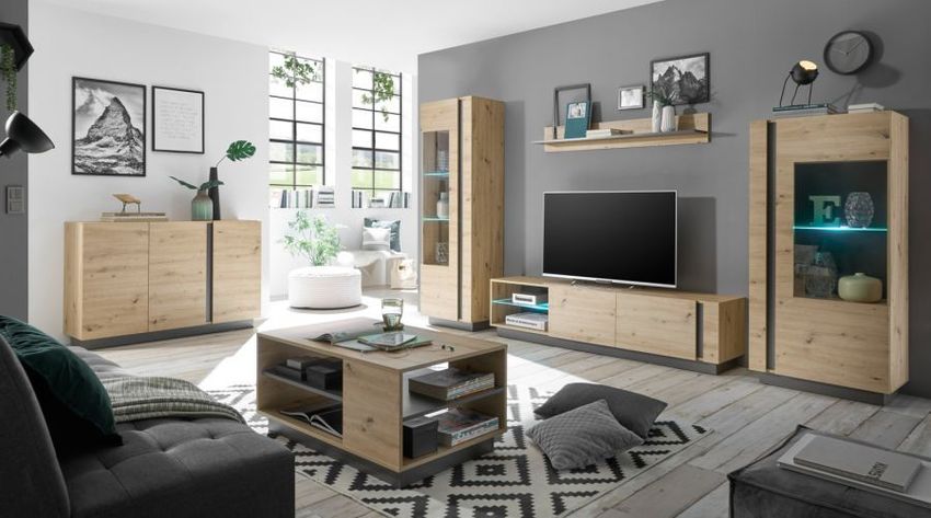 Vitrine Vitrinenschrank Möbel für Wohnzimmer Esszimmer grau Eiche