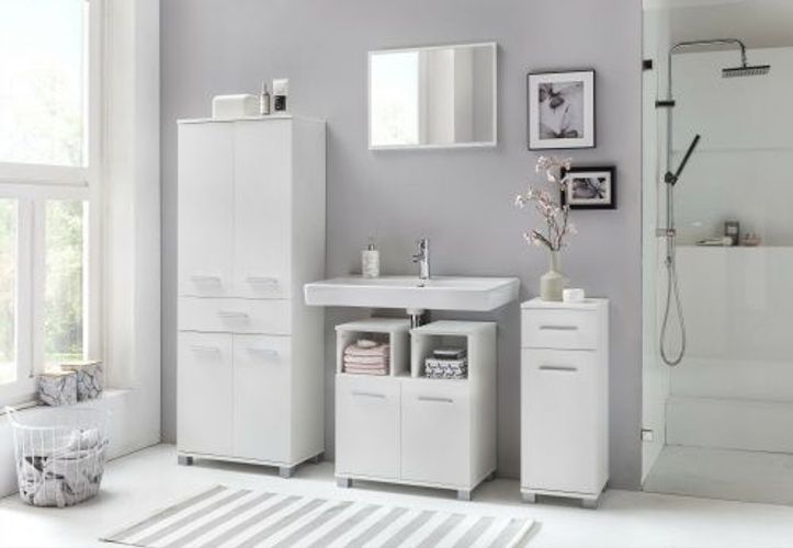 Wilmes: Badezimmer-Hochschrank "Kao" - Badschrank Badmöbel - Weiß Dekor