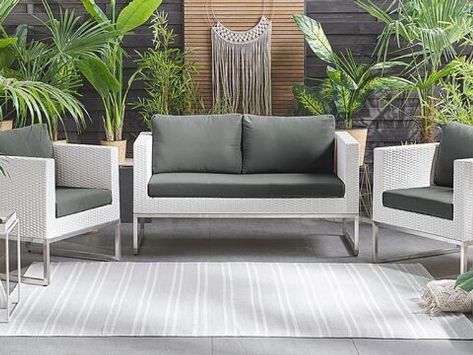 Modernes Gartenmöbelset Sofa 2 Sessel Ottomane Couchtisch weiß/ grau