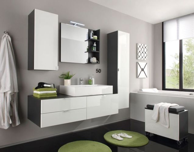 Bad Möbel Badezimmer Set 4tlg weiss Hochglanz und grau Waschtisch