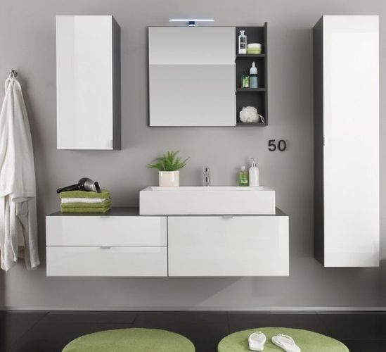 Bad Möbel Badezimmer Set 4tlg weiss Hochglanz und grau Waschtisch