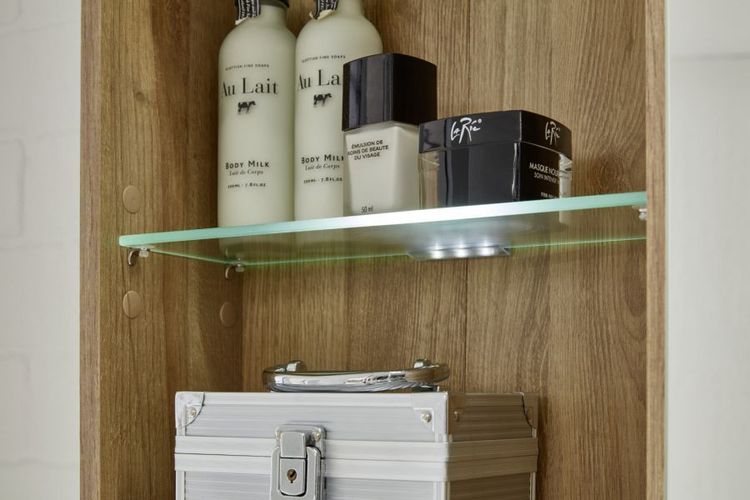 Badschrank Hochschrank Hängeschrank Bay Eiche Riviera Honig und grau