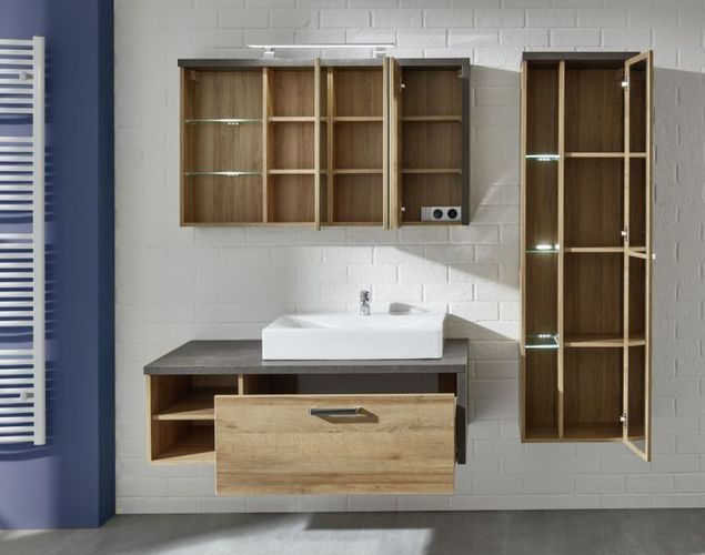 Badmöbel Set Bay Eiche Riviera Honig und Beton dunkel grau Design 3-tlg